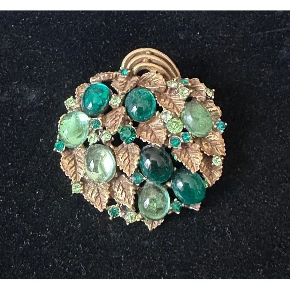 Vtg Arthur Pepper Brooch Pin Greens Cabochon Rhinestone Gold Leaves Gripoix RARE